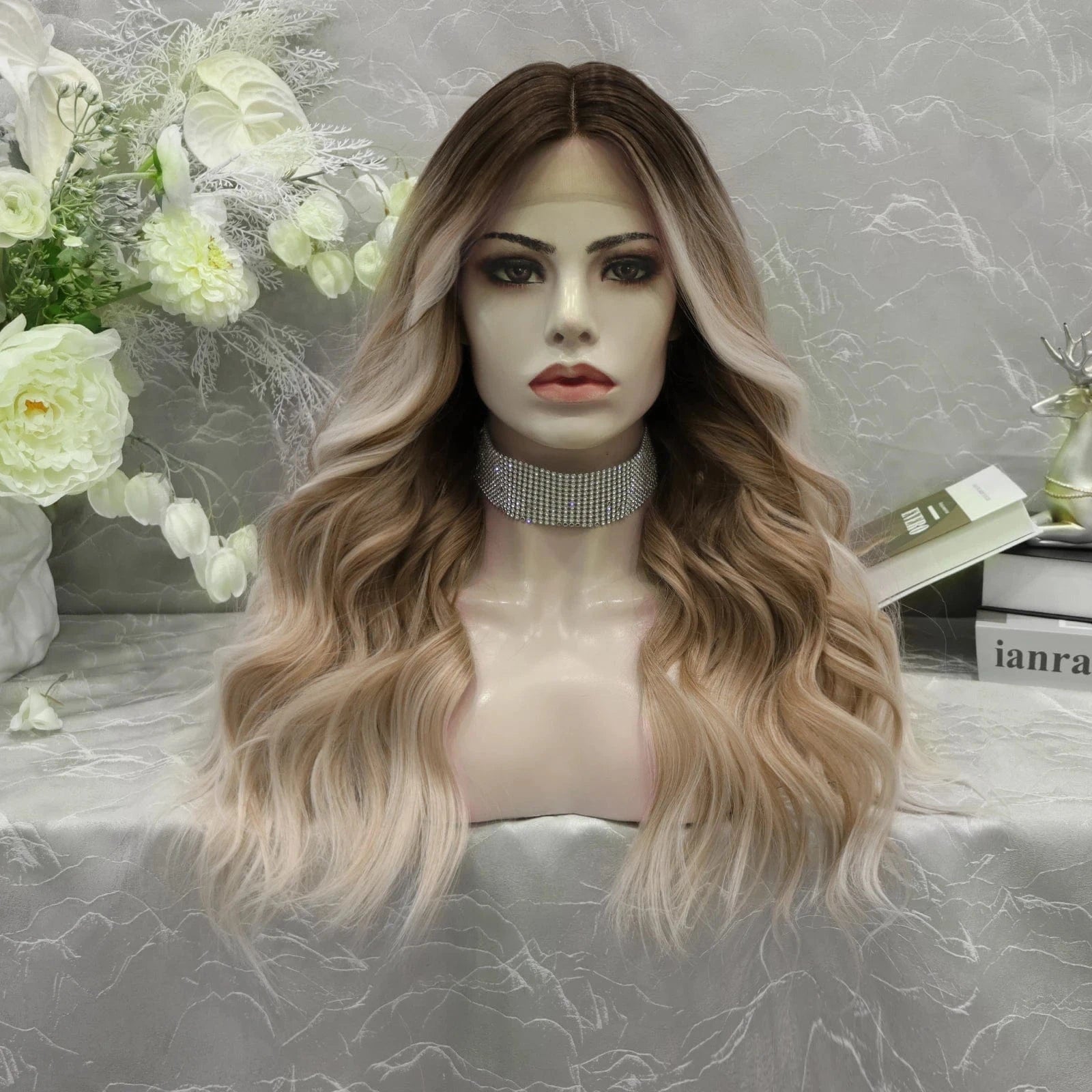 Celebrity Multicolor Blond Ombre Colored Wigs Body Wave Premium Futura Matte Heat Resistant Fiber Synthetic Lace Wig