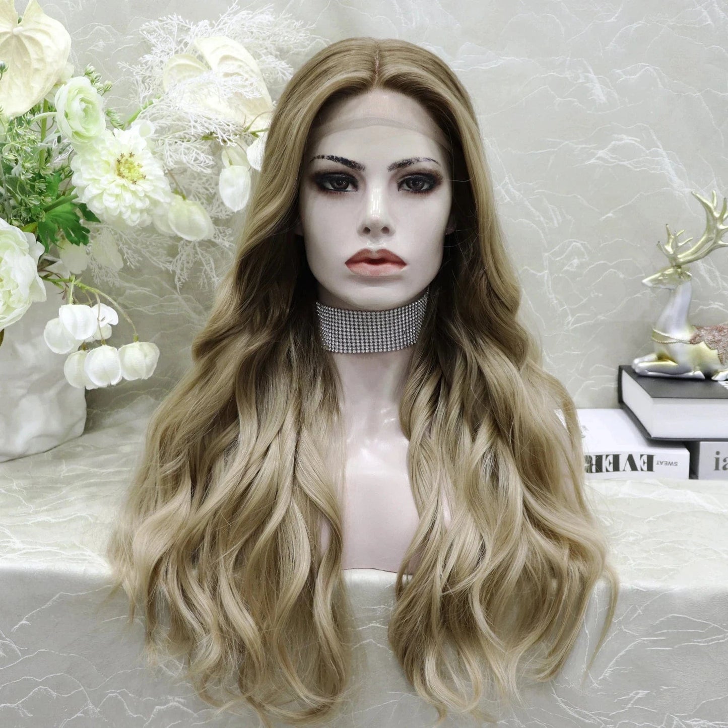 Celebrity Multicolor Blond Ombre Colored Wigs Body Wave Premium Futura Matte Heat Resistant Fiber Synthetic Lace Wig