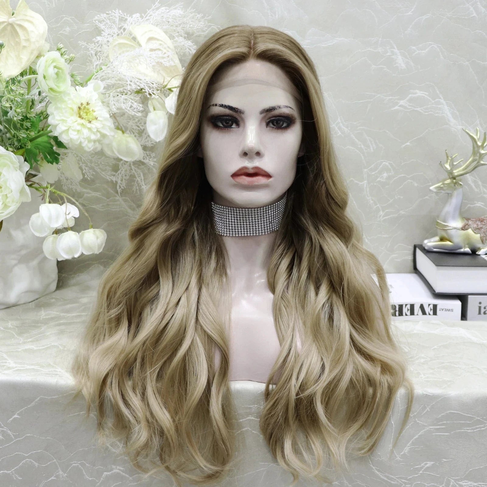 Celebrity Multicolor Blond Ombre Colored Wigs Body Wave Premium Futura Matte Heat Resistant Fiber Synthetic Lace Wig