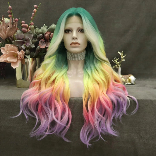 Celebrity Multicolor Blond Ombre Colored Wigs Body Wave Premium Futura Matte Heat Resistant Fiber Synthetic Lace Wig