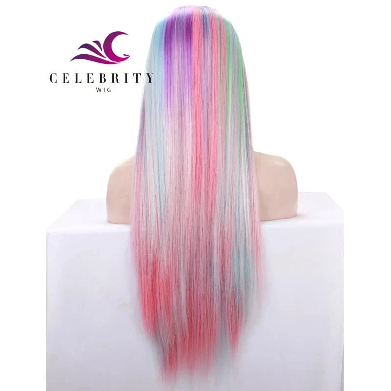 Celebrity Multicolor Holographic Cosplay Colorful Premium Synthetic Wig Futura Heat Resistant Ombre Synthetic Wig for Women