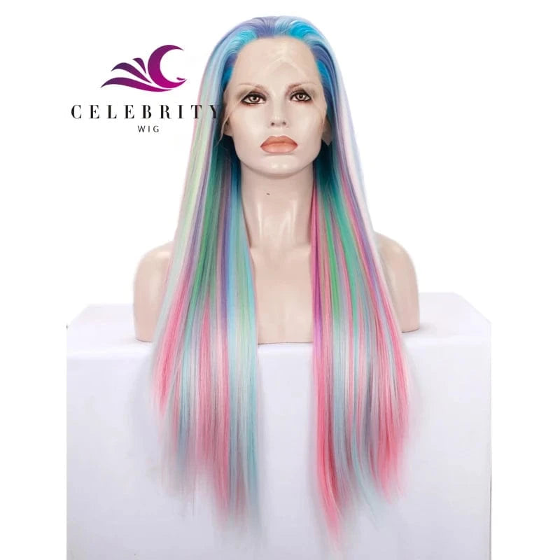 Celebrity Multicolor Holographic Cosplay Colorful Premium Synthetic Wig Futura Heat Resistant Ombre Synthetic Wig for Women