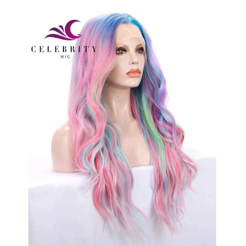 Celebrity Multicolor Holographic Cosplay Colorful Premium Synthetic Wig Futura Heat Resistant Ombre Synthetic Wig for Women
