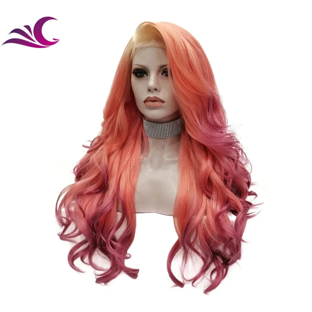 Celebrity Multicolor Orange Red Wigs Synthetic Lace Front Wig Heat Resistant Fiber Glueless Long Wavy Ombre Wigs For Women
