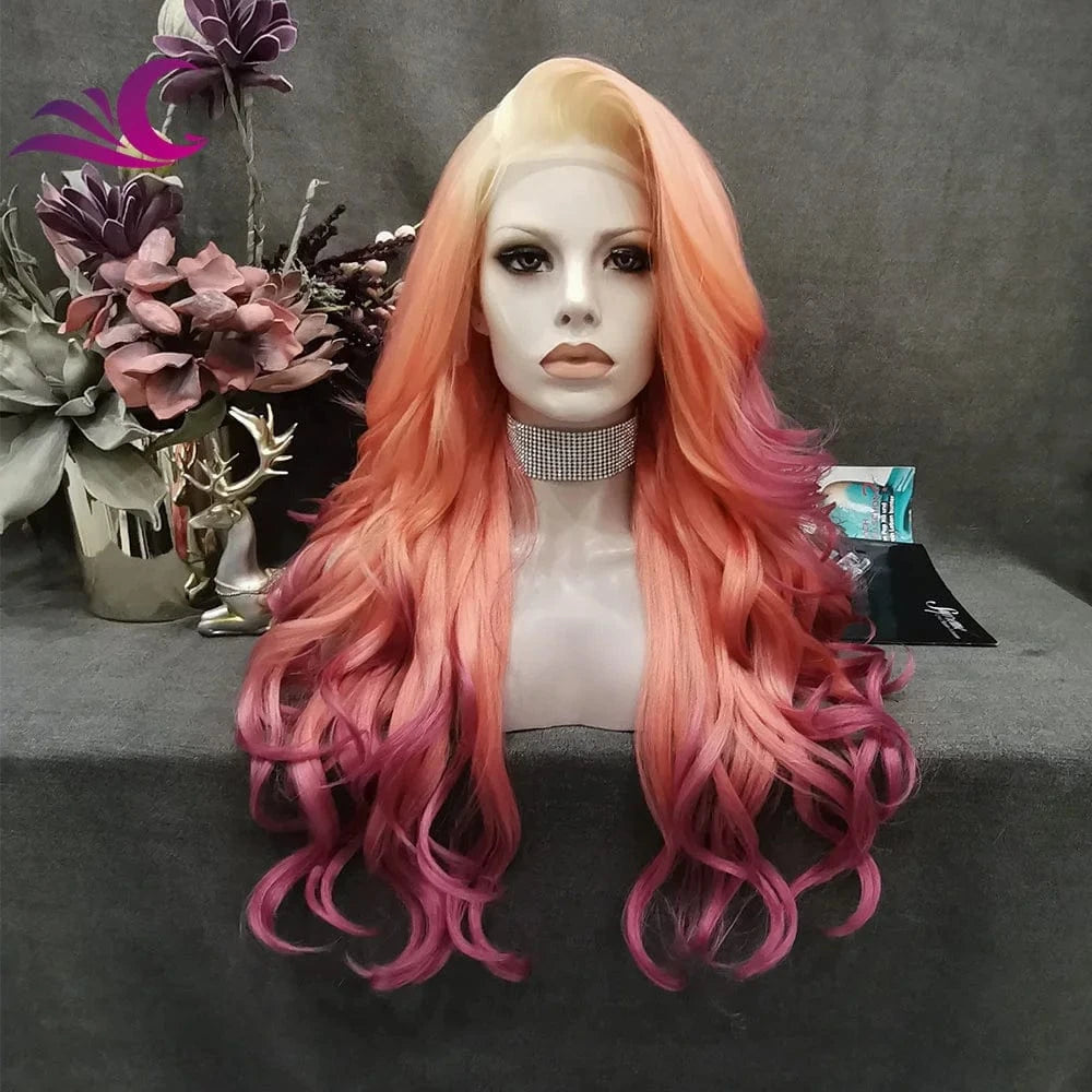 Celebrity Multicolor Orange Red Wigs Synthetic Lace Front Wig Heat Resistant Fiber Glueless Long Wavy Ombre Wigs For Women