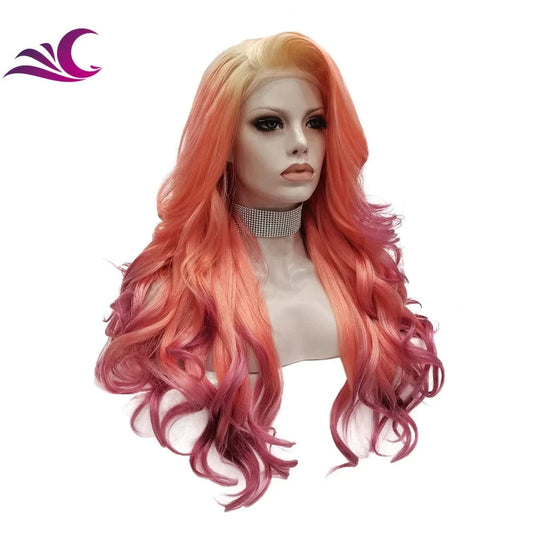 Celebrity Multicolor Orange Red Wigs Synthetic Lace Front Wig Heat Resistant Fiber Glueless Long Wavy Ombre Wigs For Women