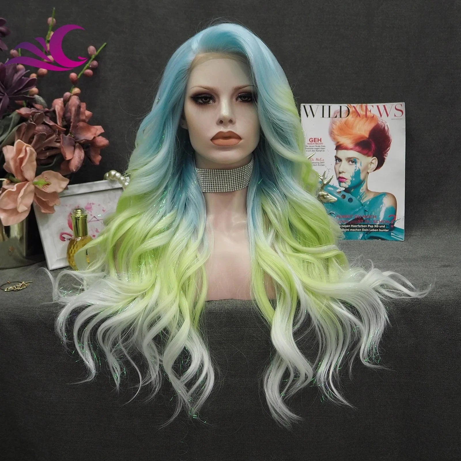 Celebrity new desgin ombre colorful highlight black natural color heat resistant futura fiber lace front wig