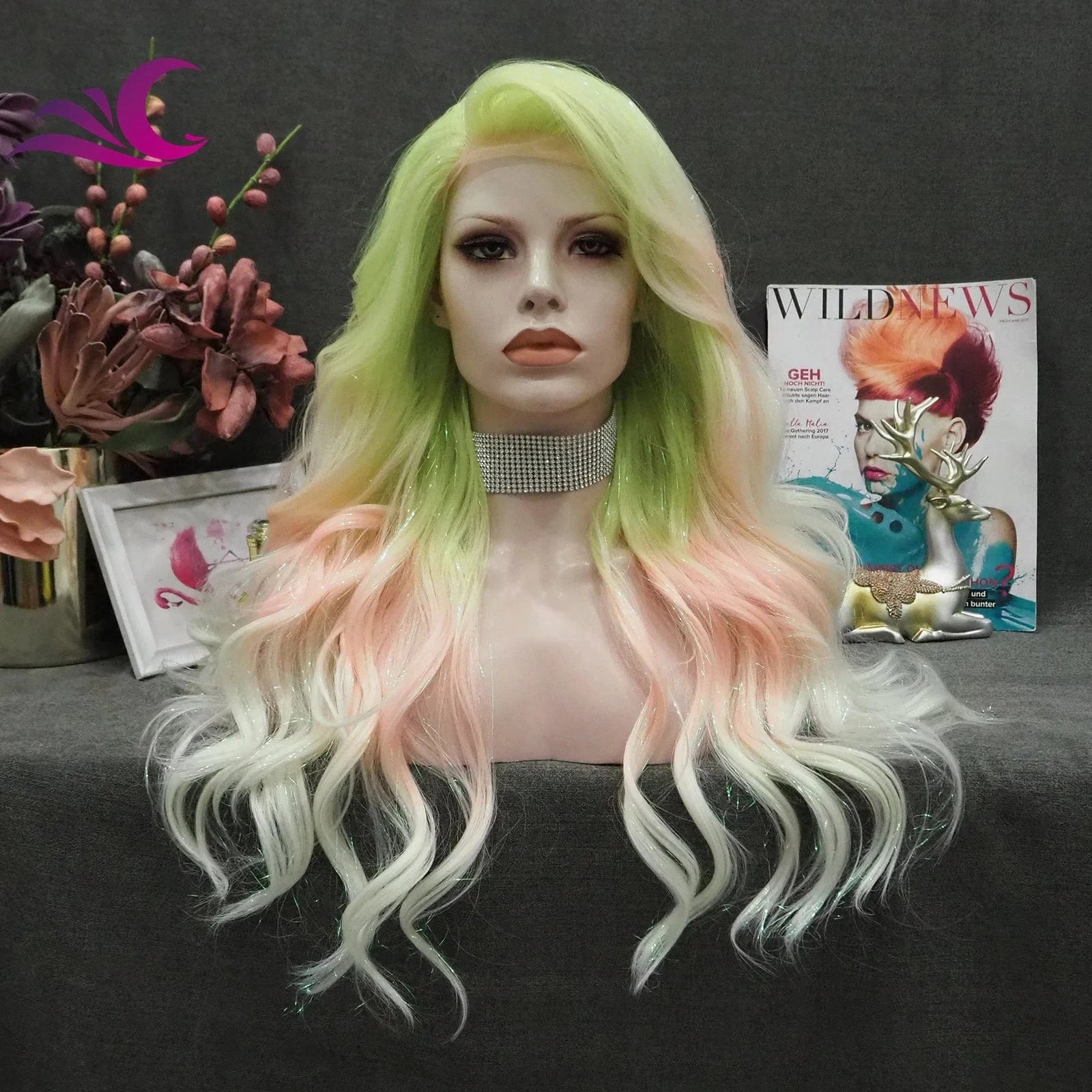 Celebrity new desgin ombre colorful highlight black natural color heat resistant futura fiber lace front wig