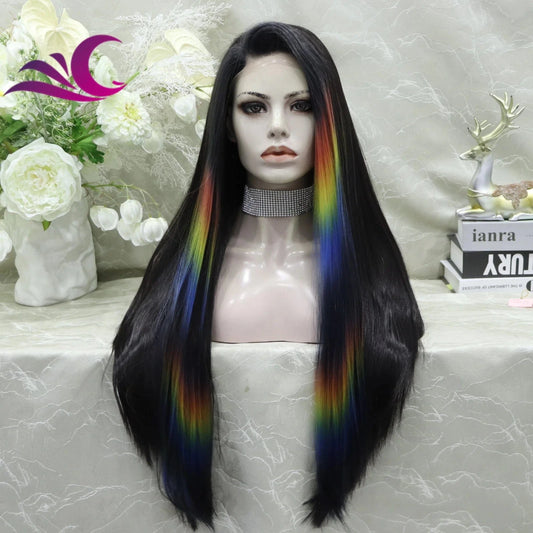 Celebrity new desgin ombre colorful highlight black natural color heat resistant futura fiber lace front wig