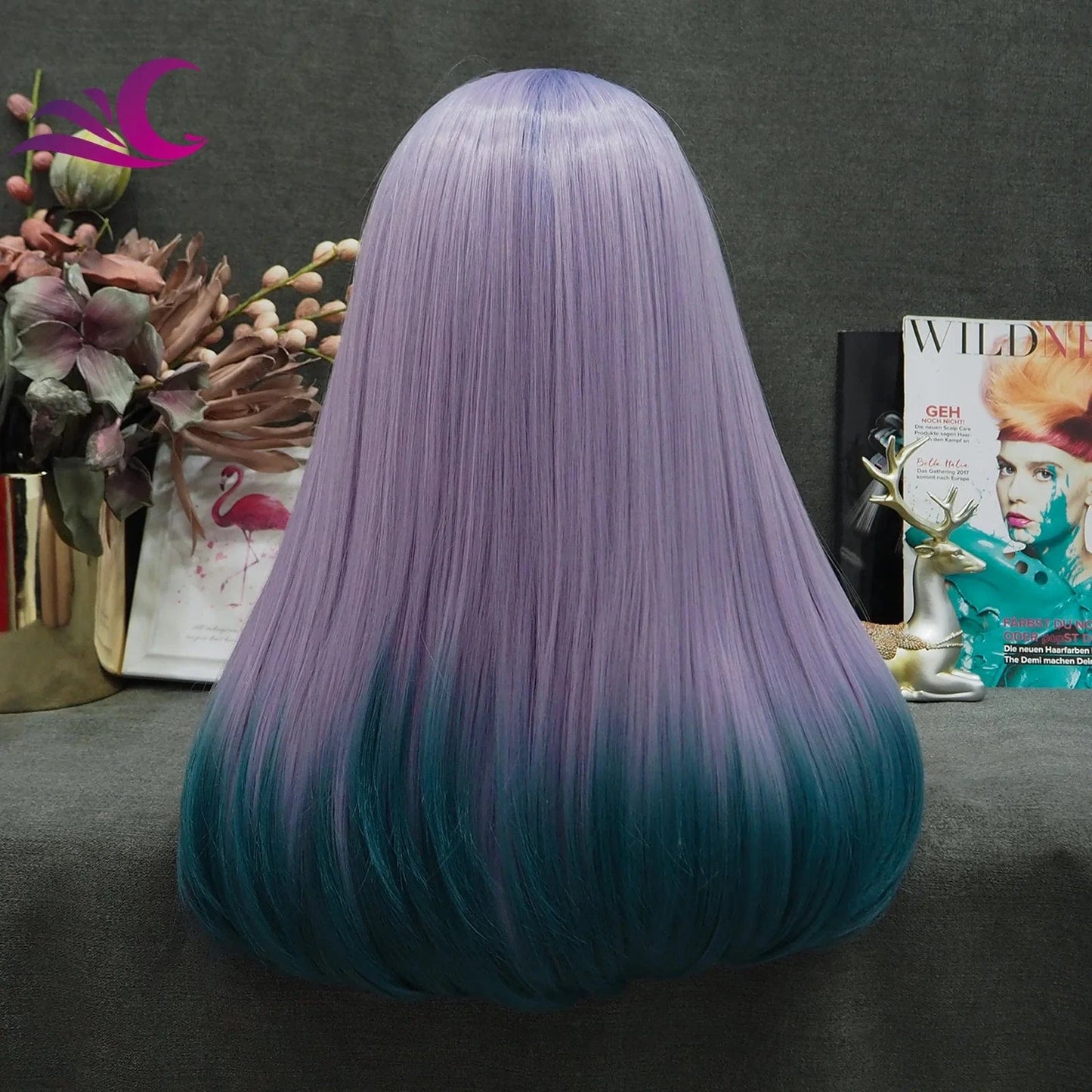 Celebrity New Design Ombre Purple Color End Blue Shoulder Length High Temperature Fiber Synthetic Lace Hair Wigs for Cosplay