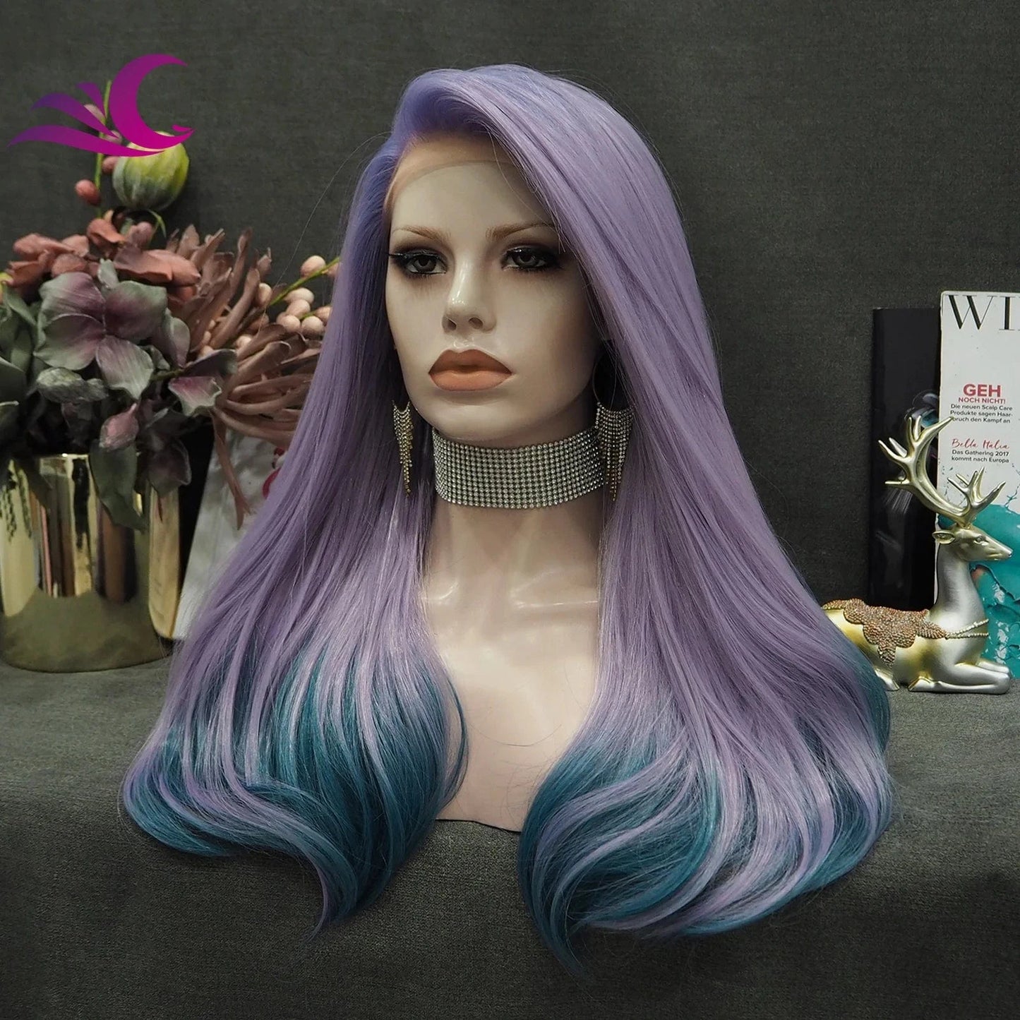 Celebrity New Design Ombre Purple Color End Blue Shoulder Length High Temperature Fiber Synthetic Lace Hair Wigs for Cosplay