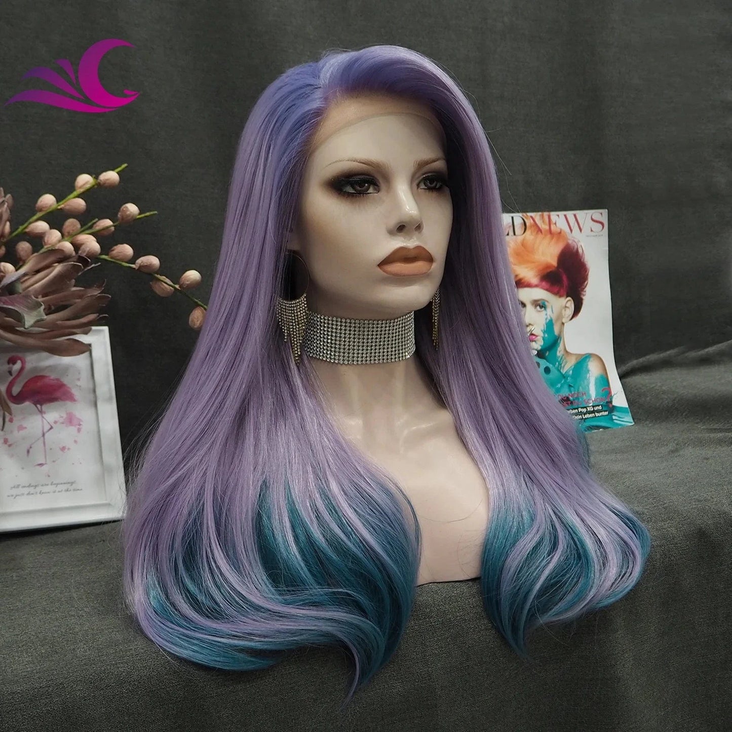 Celebrity New Design Ombre Purple Color End Blue Shoulder Length High Temperature Fiber Synthetic Lace Hair Wigs for Cosplay