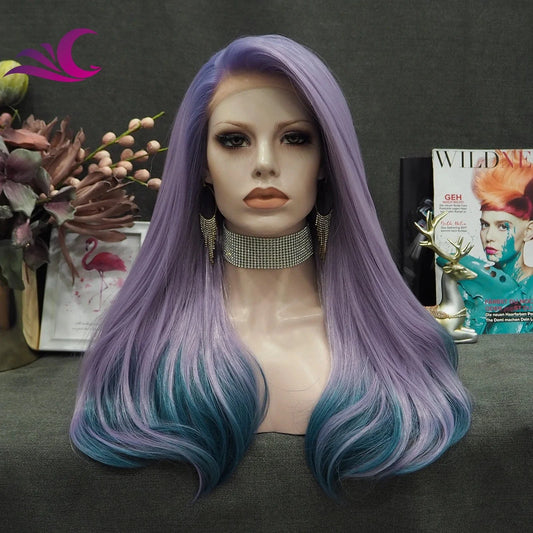 Celebrity New Design Ombre Purple Color End Blue Shoulder Length High Temperature Fiber Synthetic Lace Hair Wigs for Cosplay