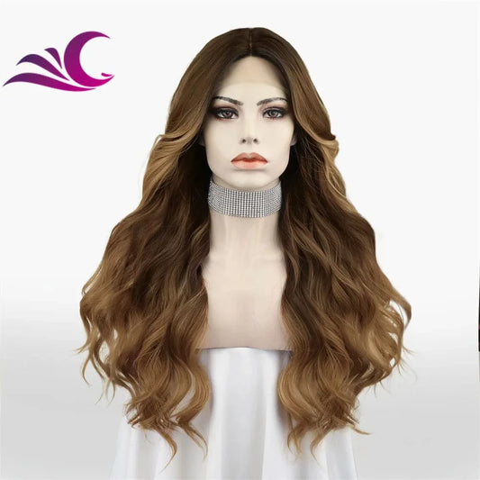 Celebrity new fashion highlight caramel color t part lace front wig synthetic futura fiber hair wig