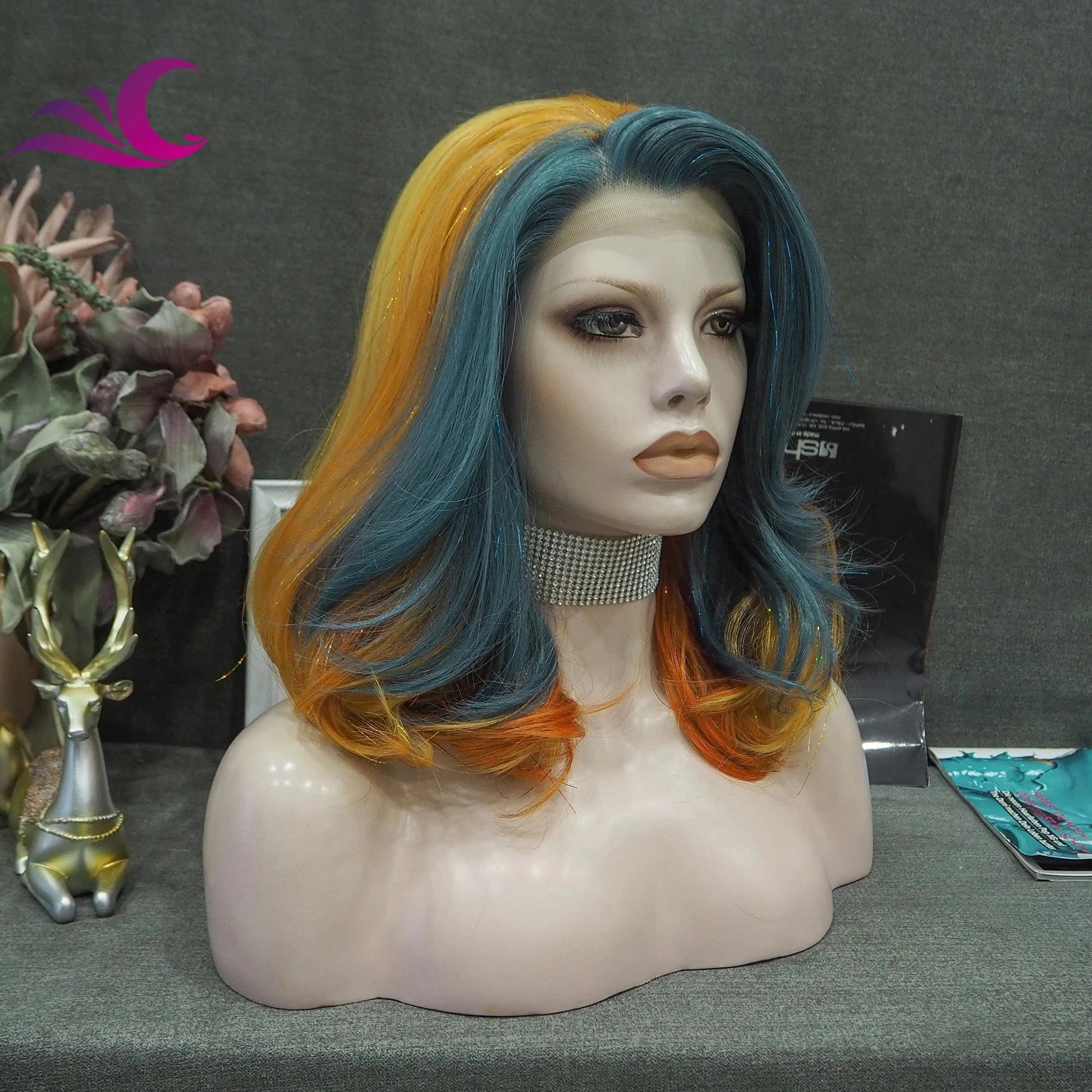 Celebrity New Fashion Rainbow Tinsel Multicolor High Temperature Fiber Synthetic Lace Hair Wigs for Cosplay