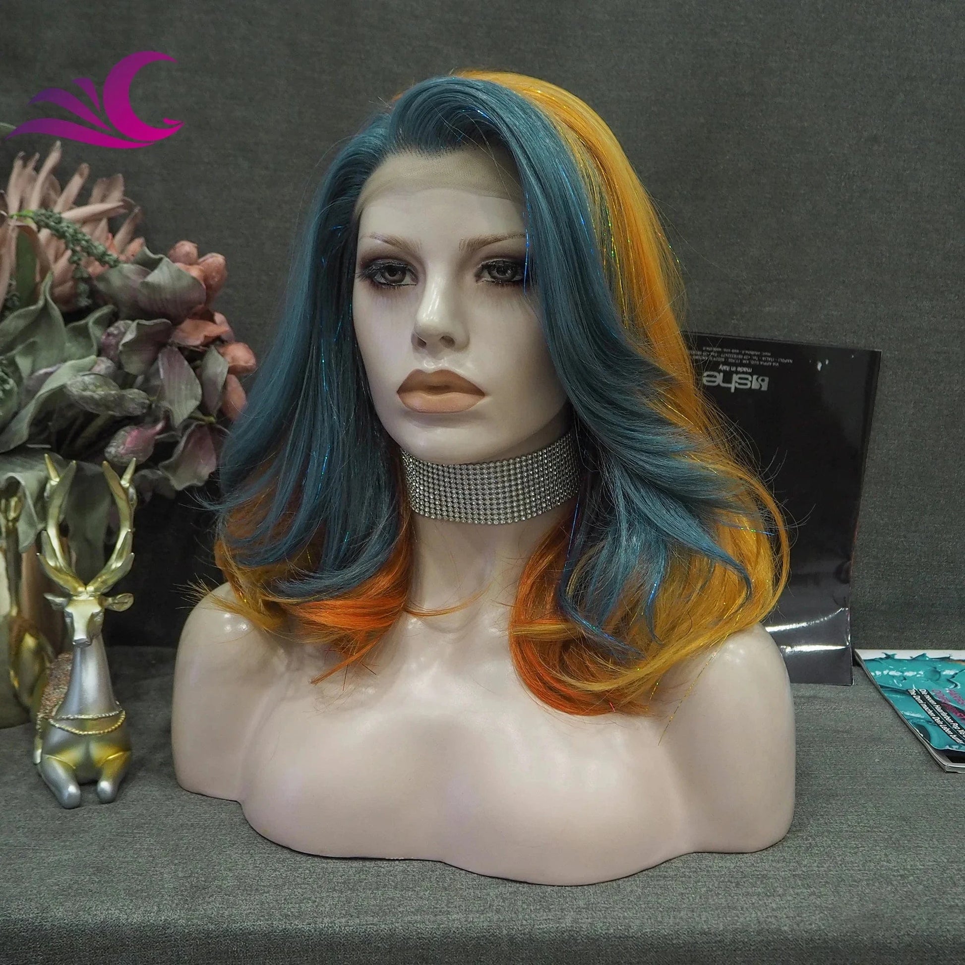 Celebrity New Fashion Rainbow Tinsel Multicolor High Temperature Fiber Synthetic Lace Hair Wigs for Cosplay