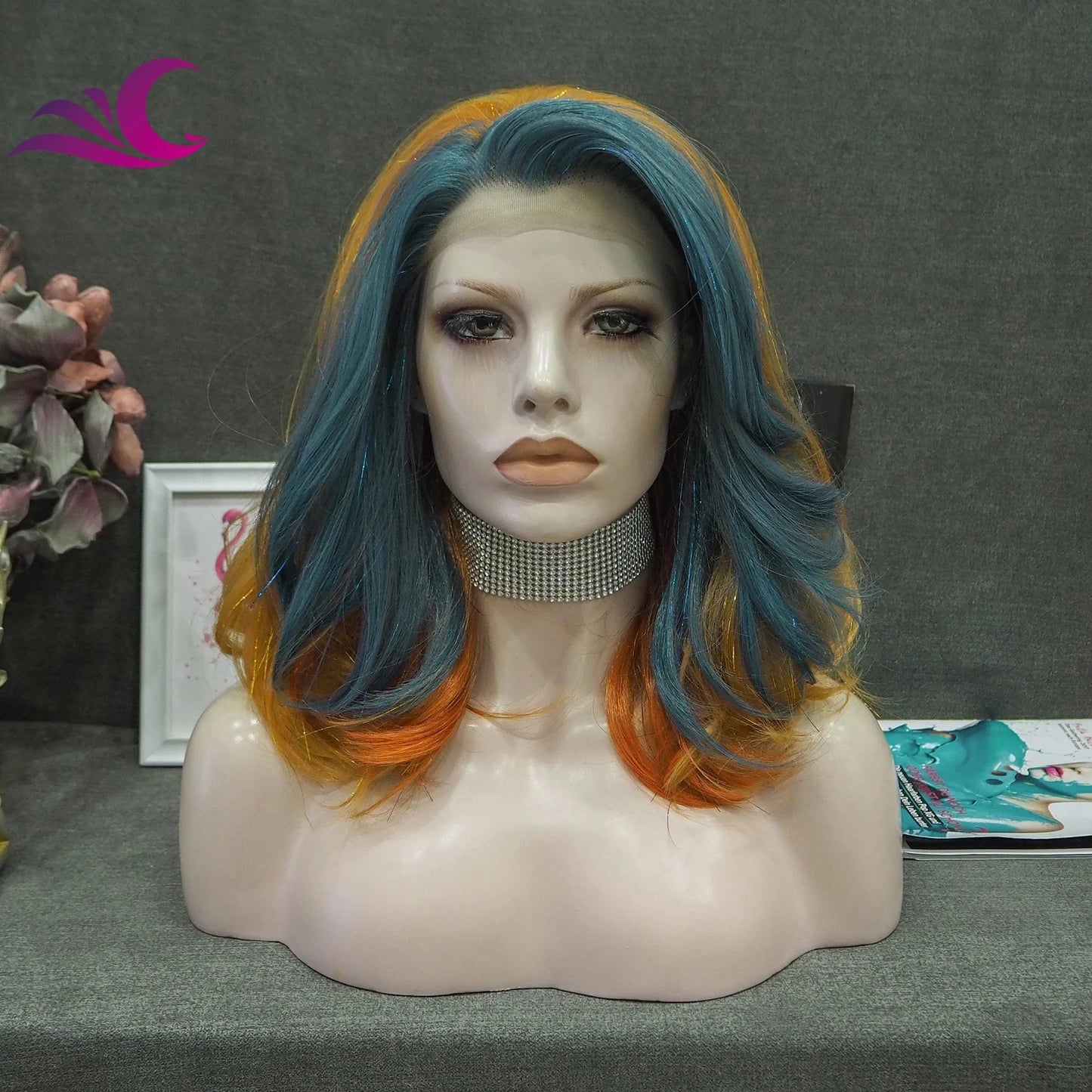 Celebrity New Fashion Rainbow Tinsel Multicolor High Temperature Fiber Synthetic Lace Hair Wigs for Cosplay