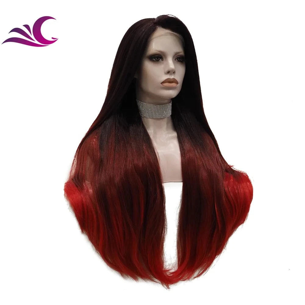 Celebrity ombre black with red colored wig silky straight high density heat friendly synthetic hair wig
