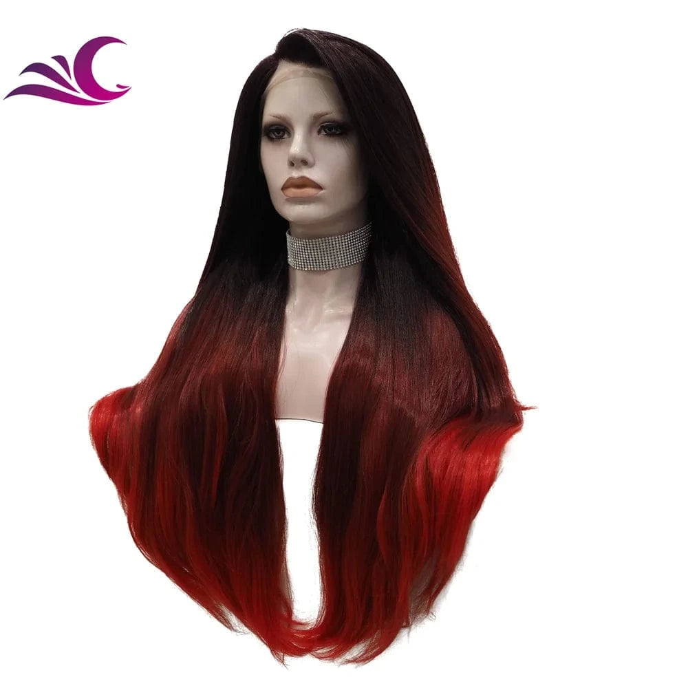Celebrity ombre black with red colored wig silky straight high density heat friendly synthetic hair wig