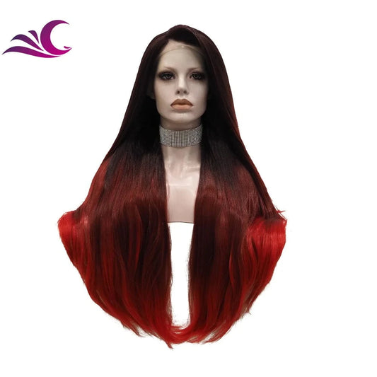 Celebrity ombre black with red colored wig silky straight high density heat friendly synthetic hair wig