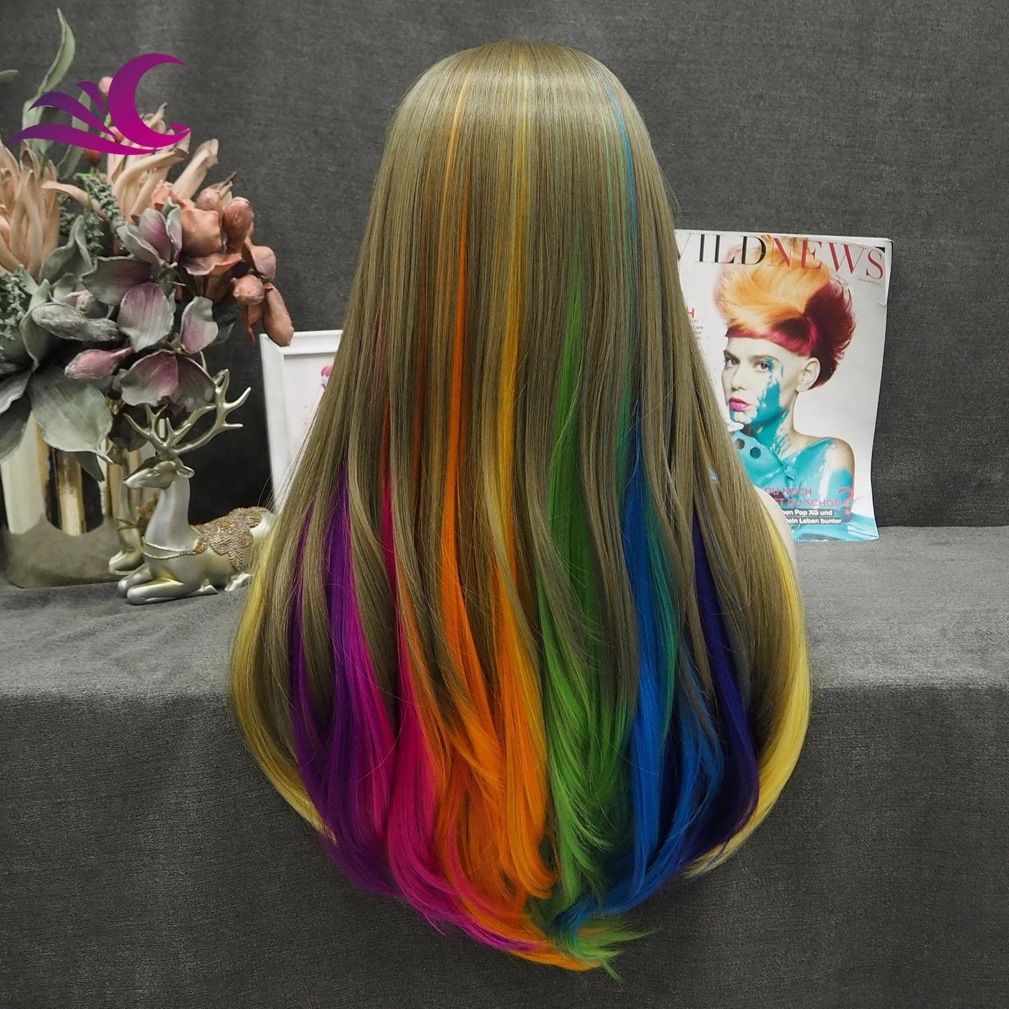Celebrity Ombre Brown Rainbow Multicolor Colorful Wig Silky Straight Heat Resistant Fiber Synthetic Lace Front Wig for Cosplay