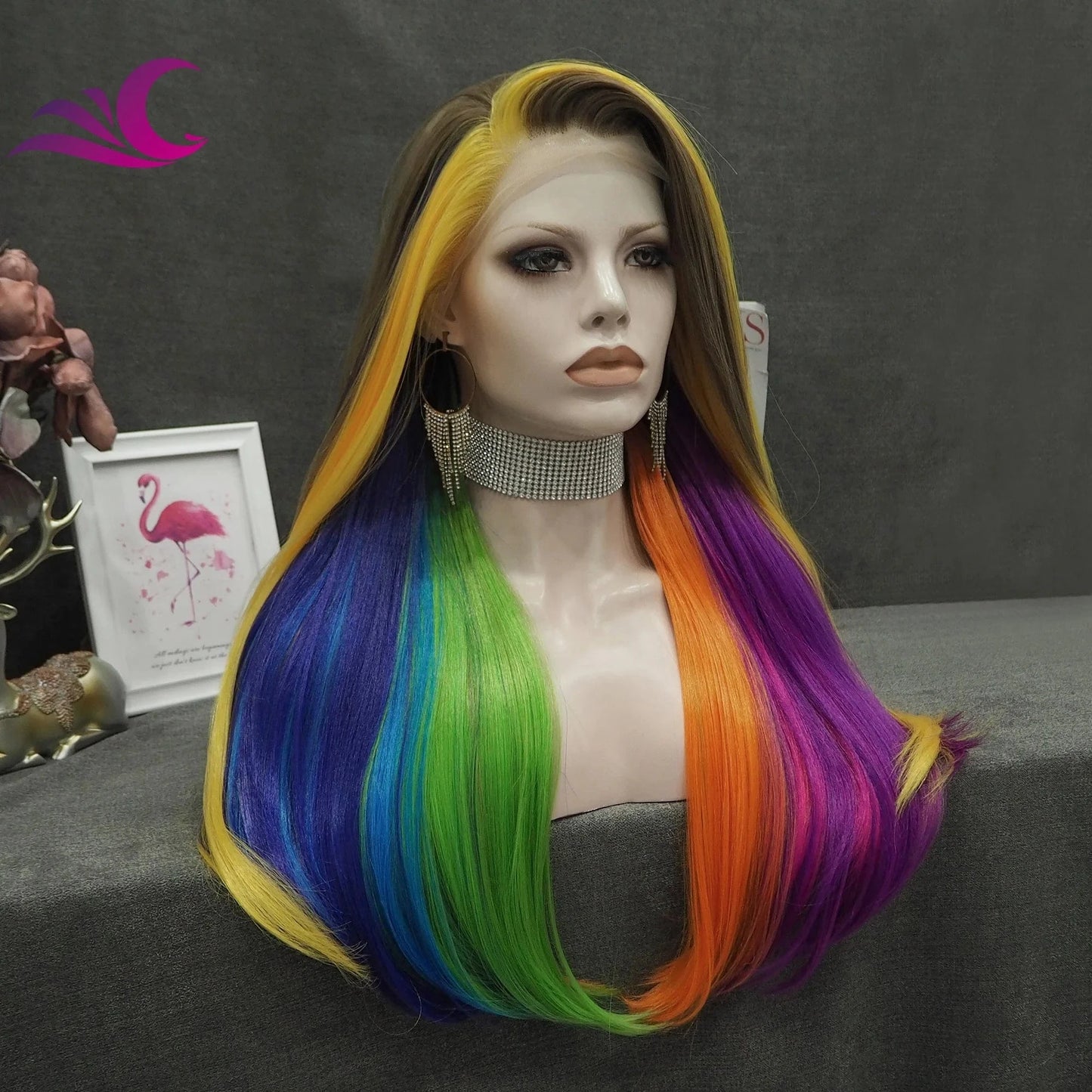 Celebrity Ombre Brown Rainbow Multicolor Colorful Wig Silky Straight Heat Resistant Fiber Synthetic Lace Front Wig for Cosplay