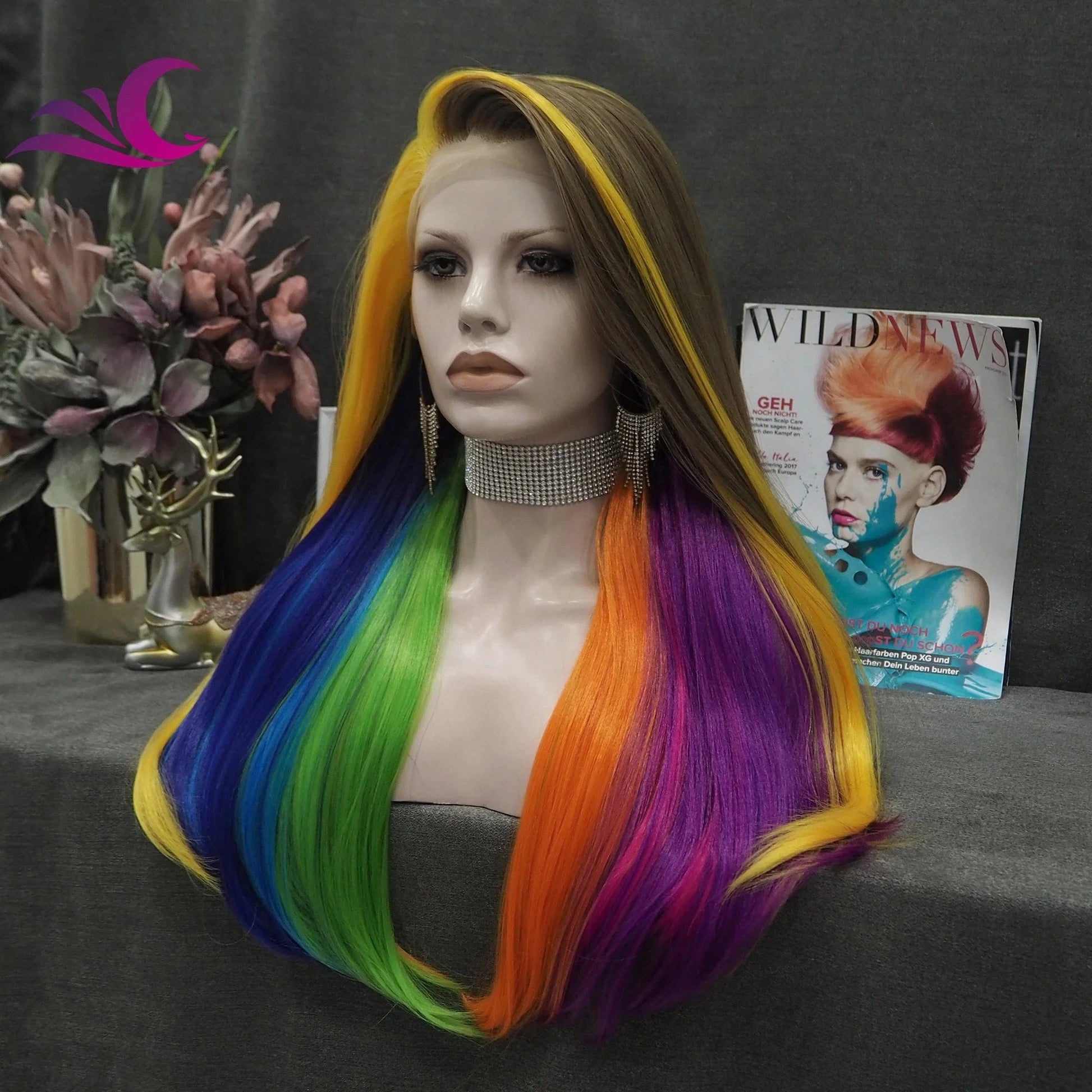 Celebrity Ombre Brown Rainbow Multicolor Colorful Wig Silky Straight Heat Resistant Fiber Synthetic Lace Front Wig for Cosplay
