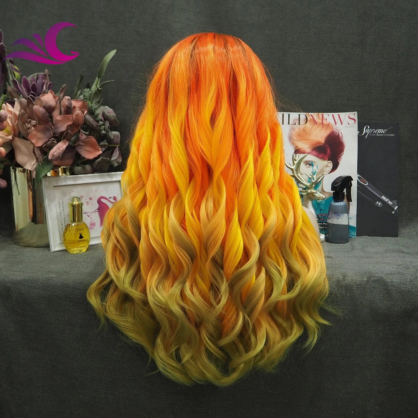 Celebrity Ombre Orange Wig Wavy Synthetic Heat Resistant Fiber Lace Front Wig For Cosplay Wigs