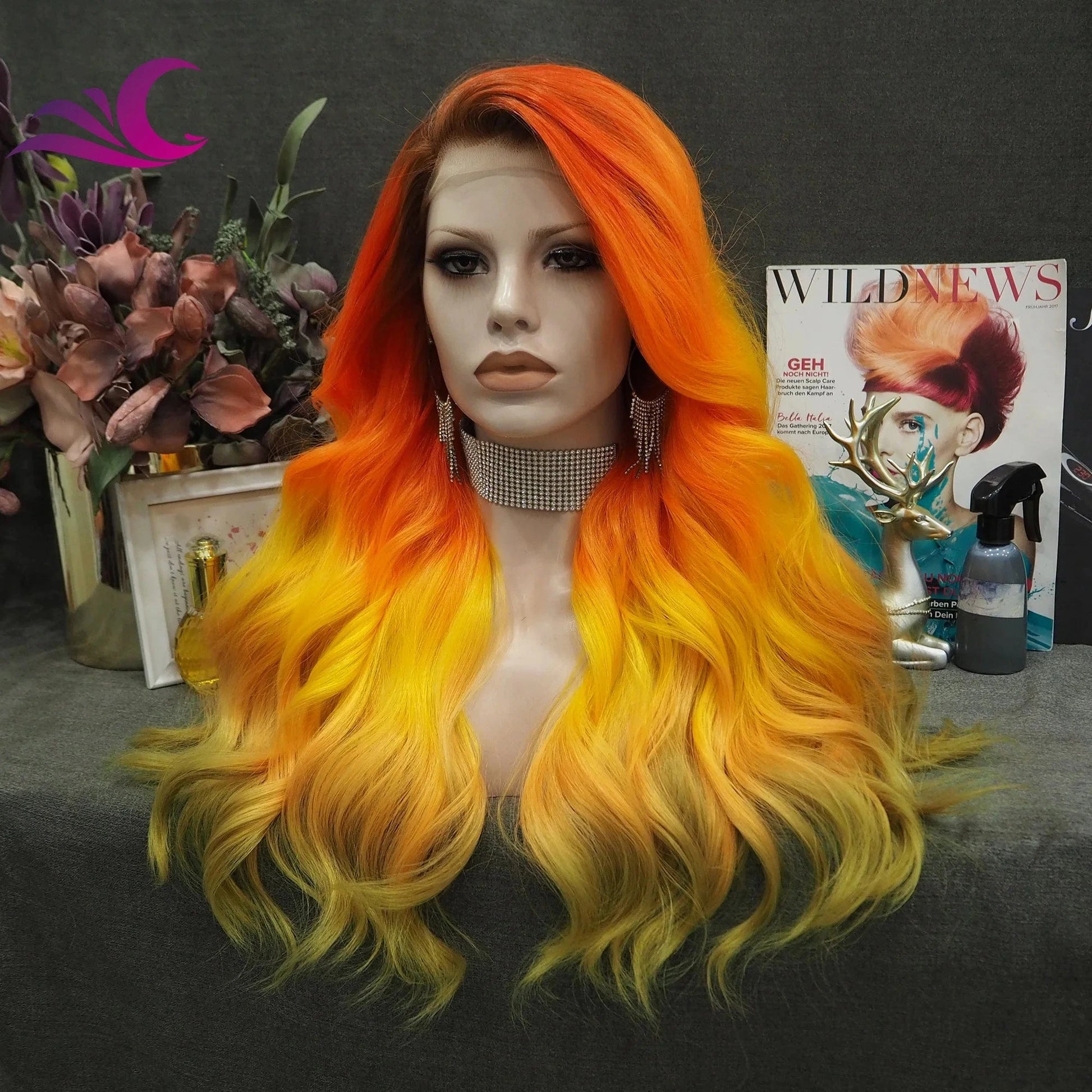 Celebrity Ombre Orange Wig Wavy Synthetic Heat Resistant Fiber Lace Front Wig For Cosplay Wigs