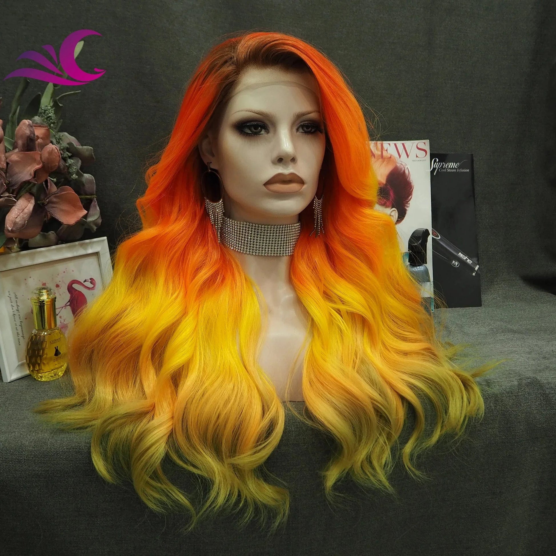 Celebrity Ombre Orange Wig Wavy Synthetic Heat Resistant Fiber Lace Front Wig For Cosplay Wigs