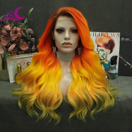 Celebrity Ombre Orange Wig Wavy Synthetic Heat Resistant Fiber Lace Front Wig For Cosplay Wigs