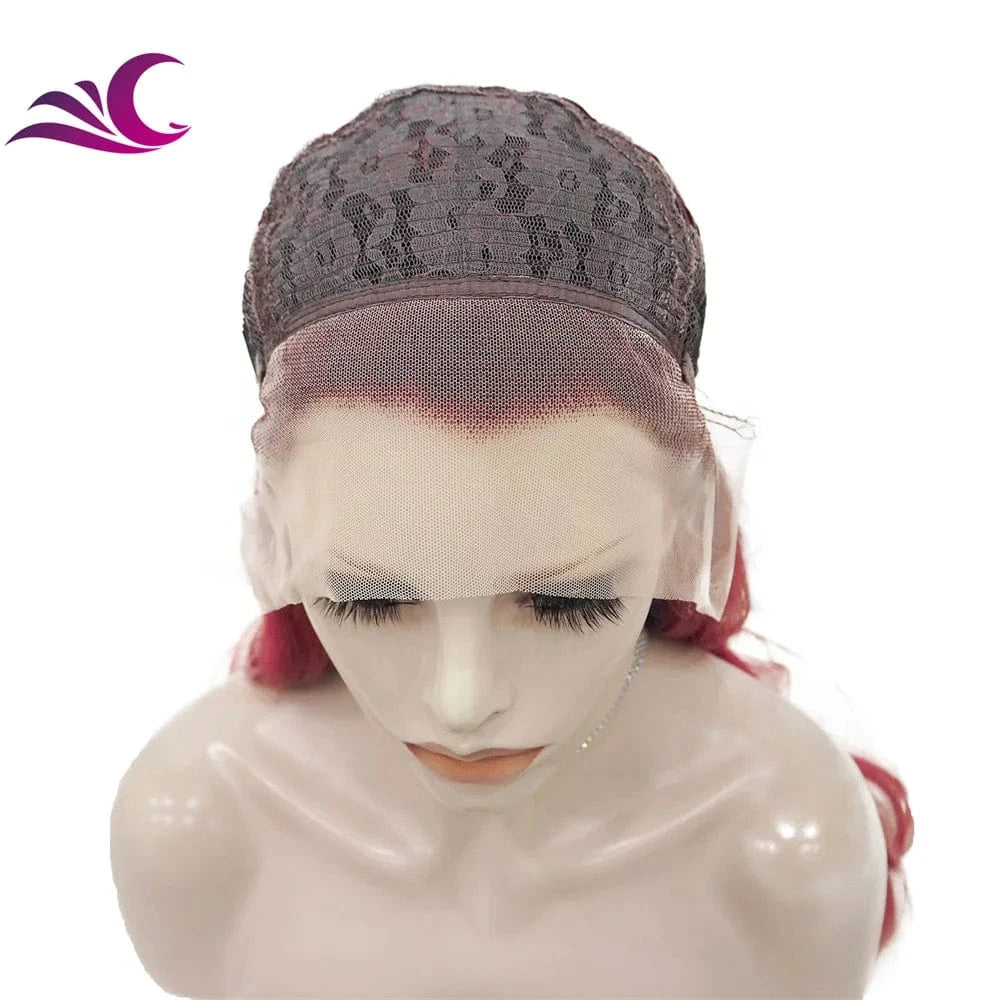Celebrity ombre red pink colored synthetic lace front wig premium fiber high density cosplay drag queen wig