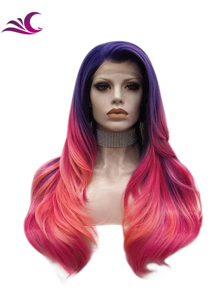 Celebrity ombre red pink colored synthetic lace front wig premium fiber high density cosplay drag queen wig