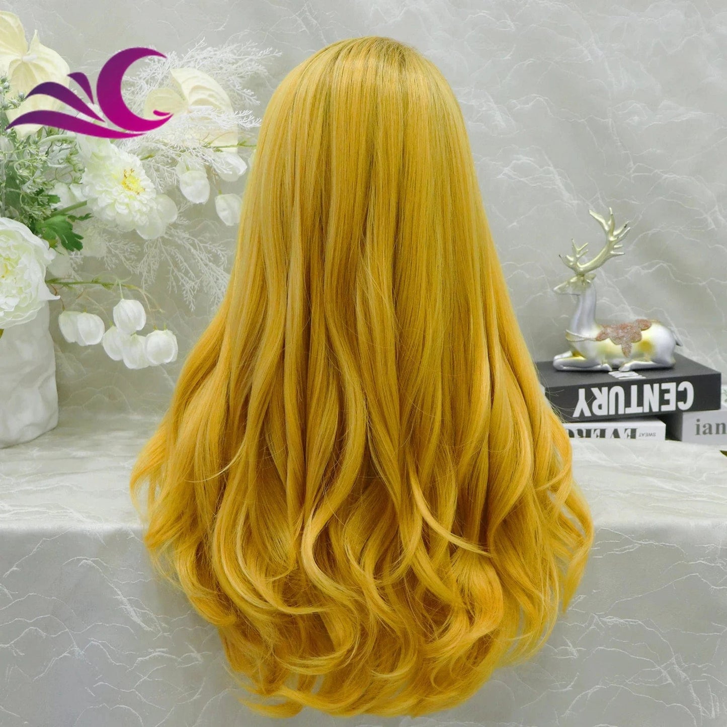 Celebrity ombre yellow colorful glueless wig false scalp long wavy heat resistant fiber full machine wig