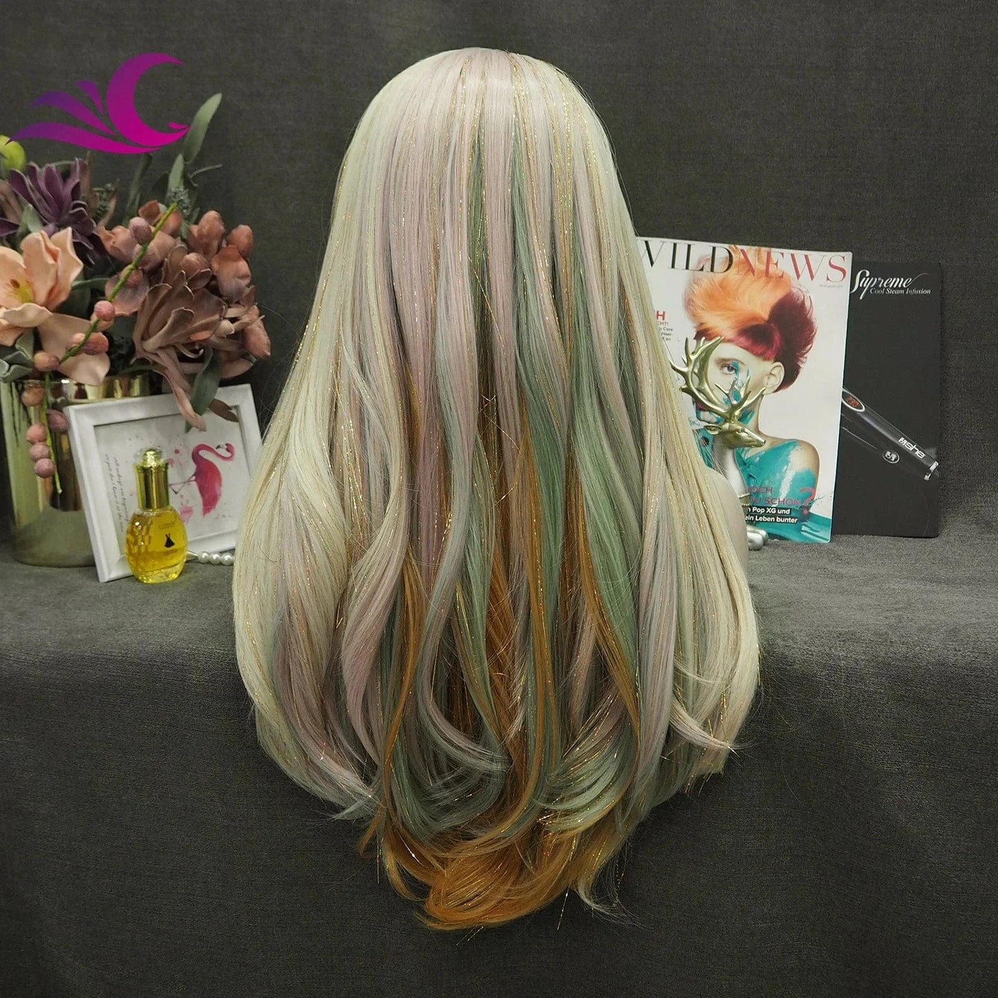 Celebrity piano highlight color ombre blonde glitter hair wig long body wave premium fiber synthetic hair wig