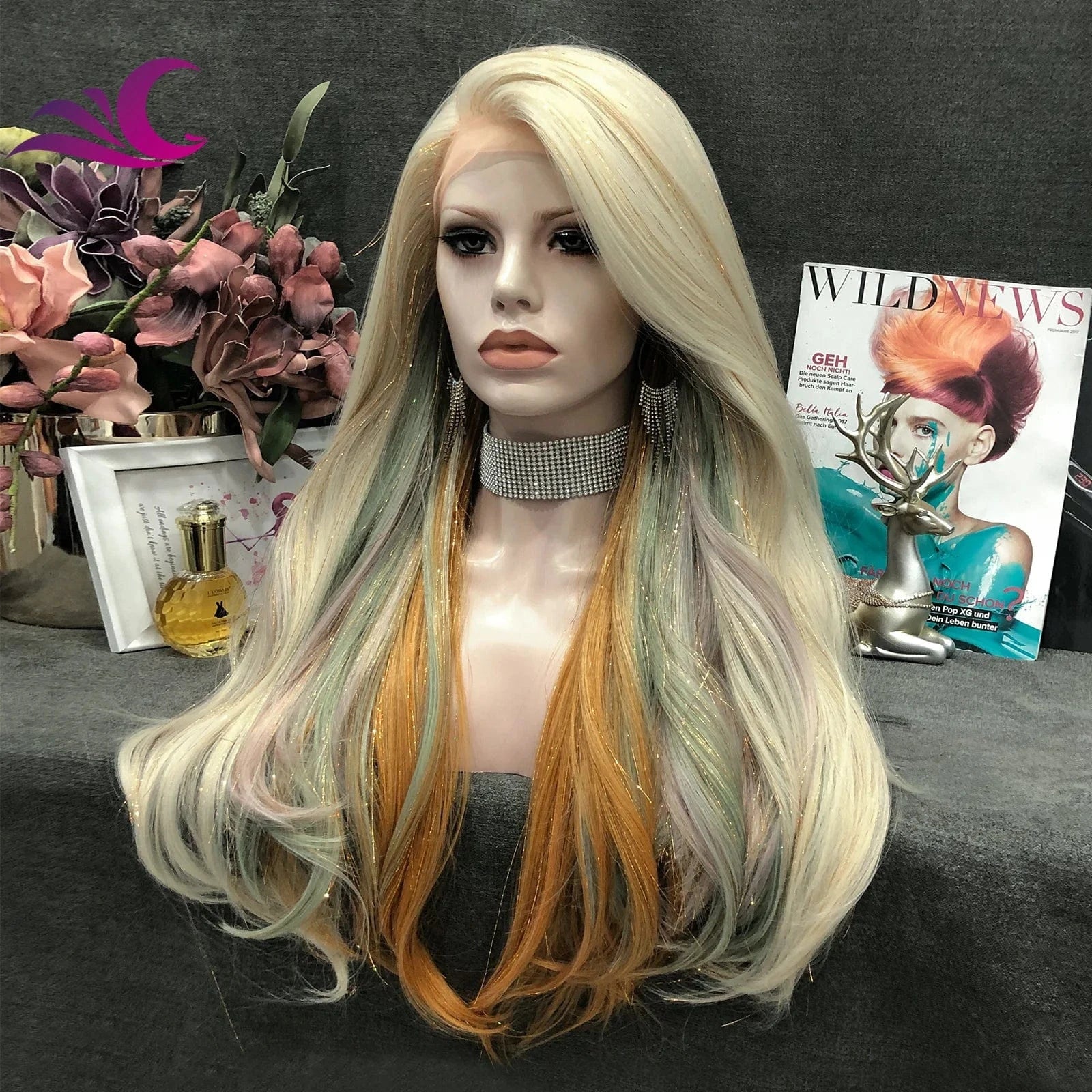 Celebrity piano highlight color ombre blonde glitter hair wig long body wave premium fiber synthetic hair wig