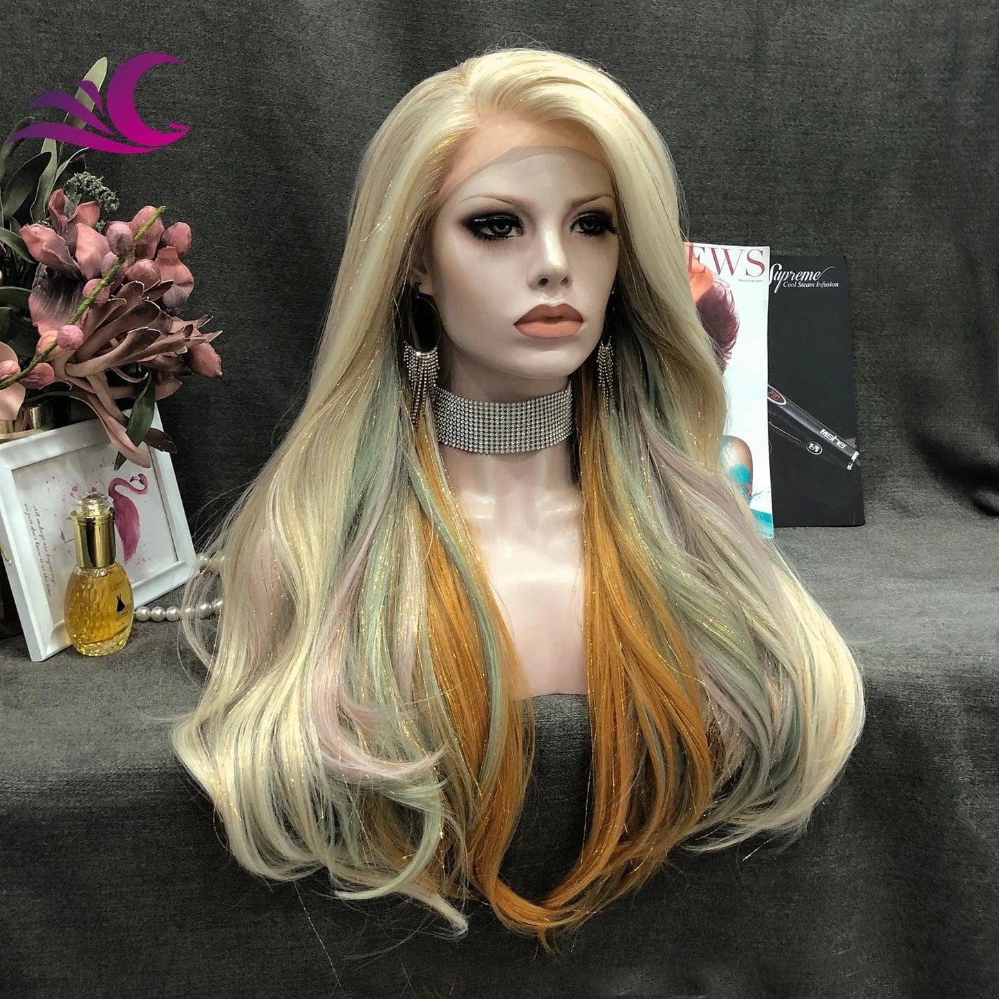 Celebrity piano highlight color ombre blonde glitter hair wig long body wave premium fiber synthetic hair wig