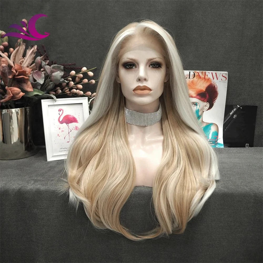 Celebrity piano highlight color ombre blonde glitter hair wig long body wave premium fiber synthetic hair wig