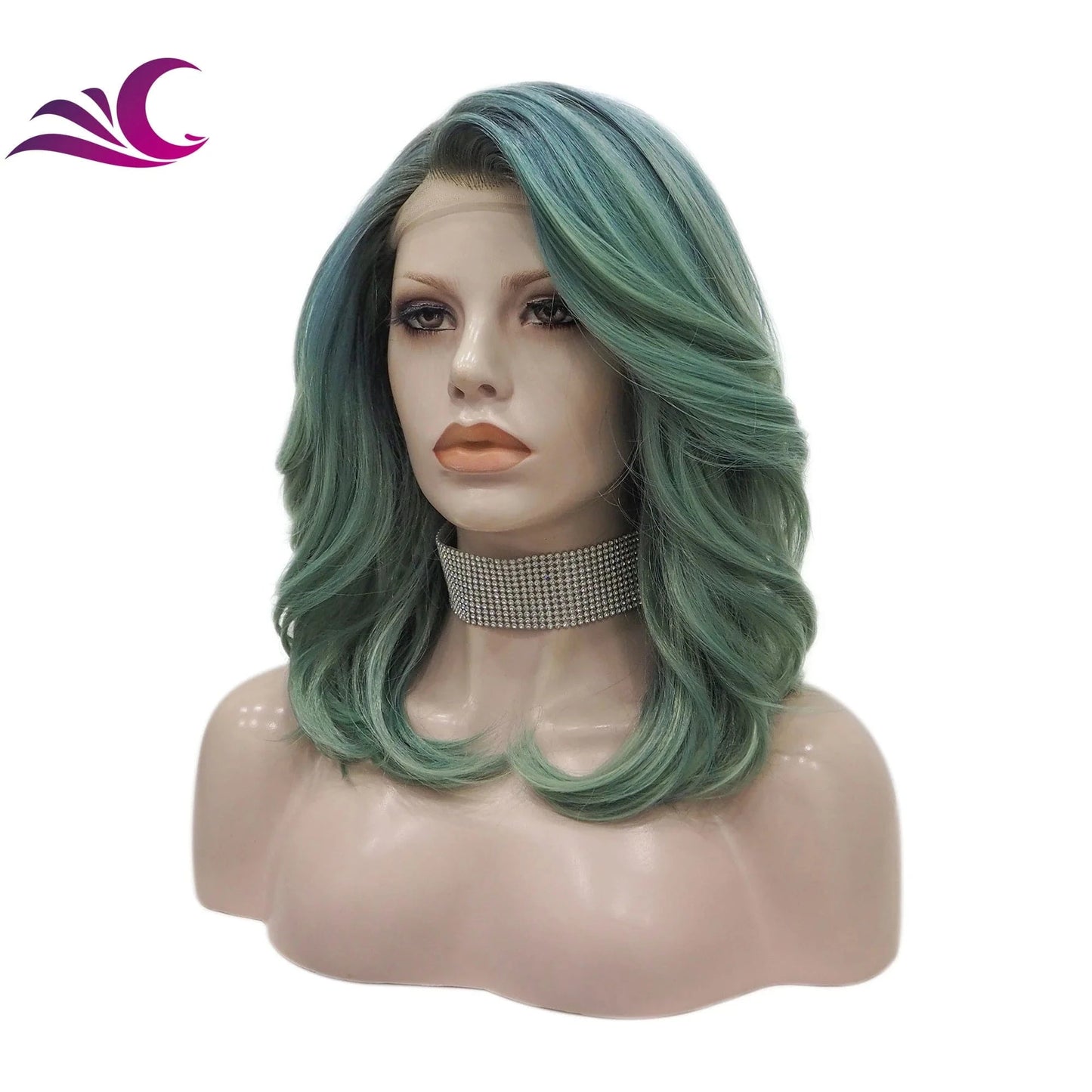 Celebrity premium heat resistant fiber ombre green colorful synthetic lace front wig for cosplay darily drag