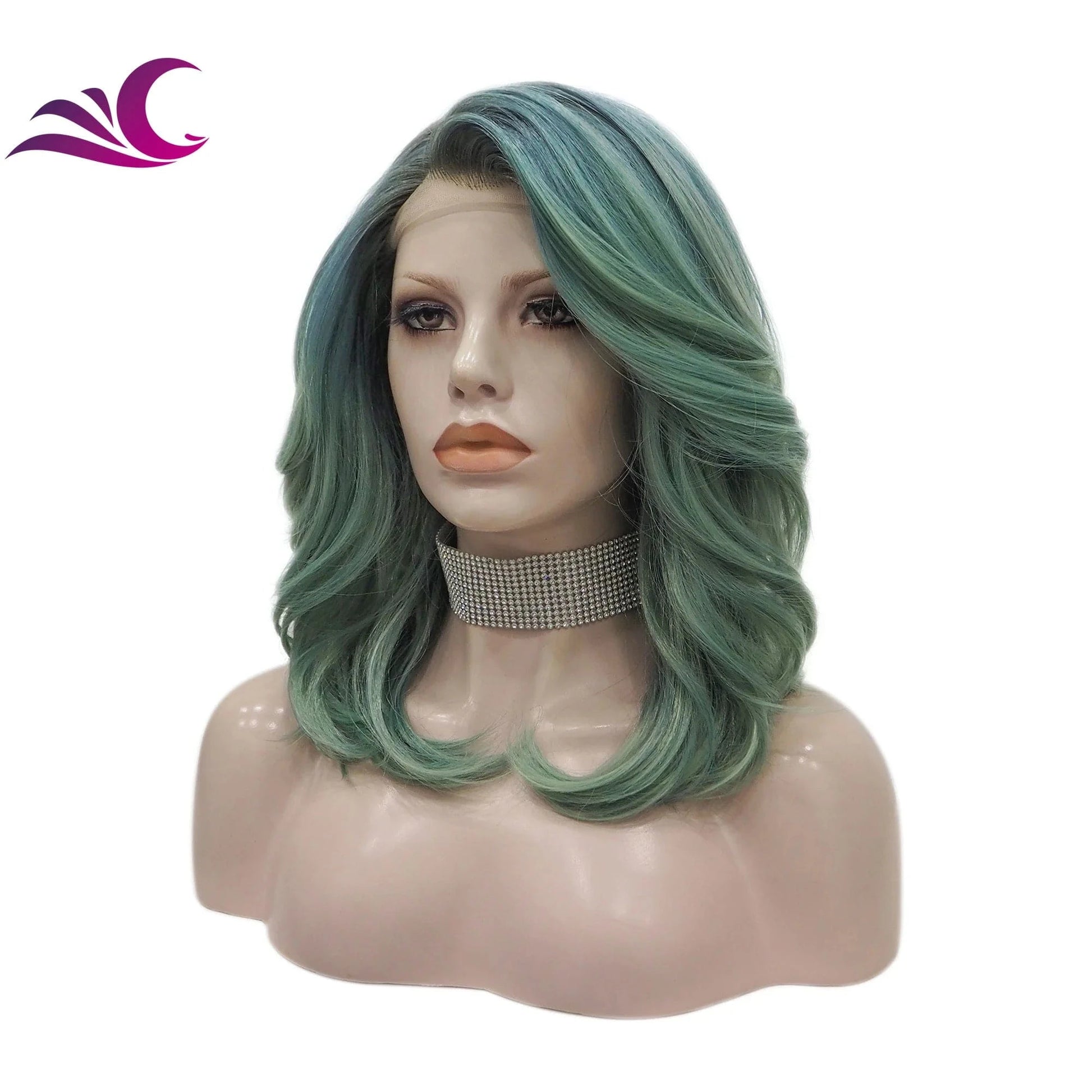 Celebrity premium heat resistant fiber ombre green colorful synthetic lace front wig for cosplay darily drag