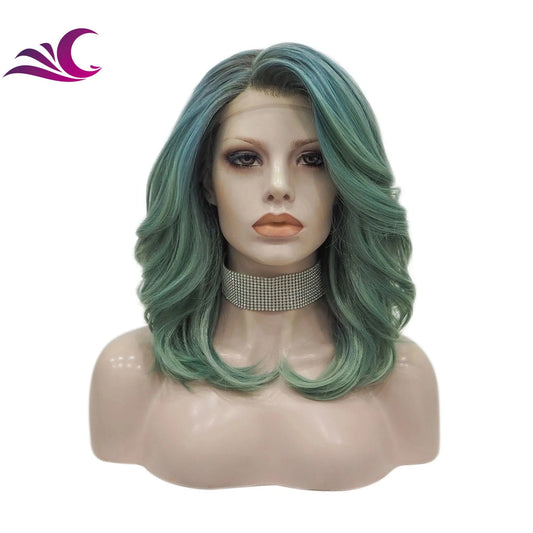 Celebrity premium heat resistant fiber ombre green colorful synthetic lace front wig for cosplay darily drag