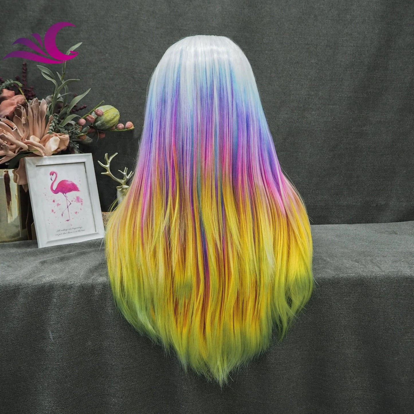 Celebrity Premium Rainbow Color Highlight Holographic Lace Front Wigs Silky Straight Futura Heat Resistant Synthetic Hair Wigs