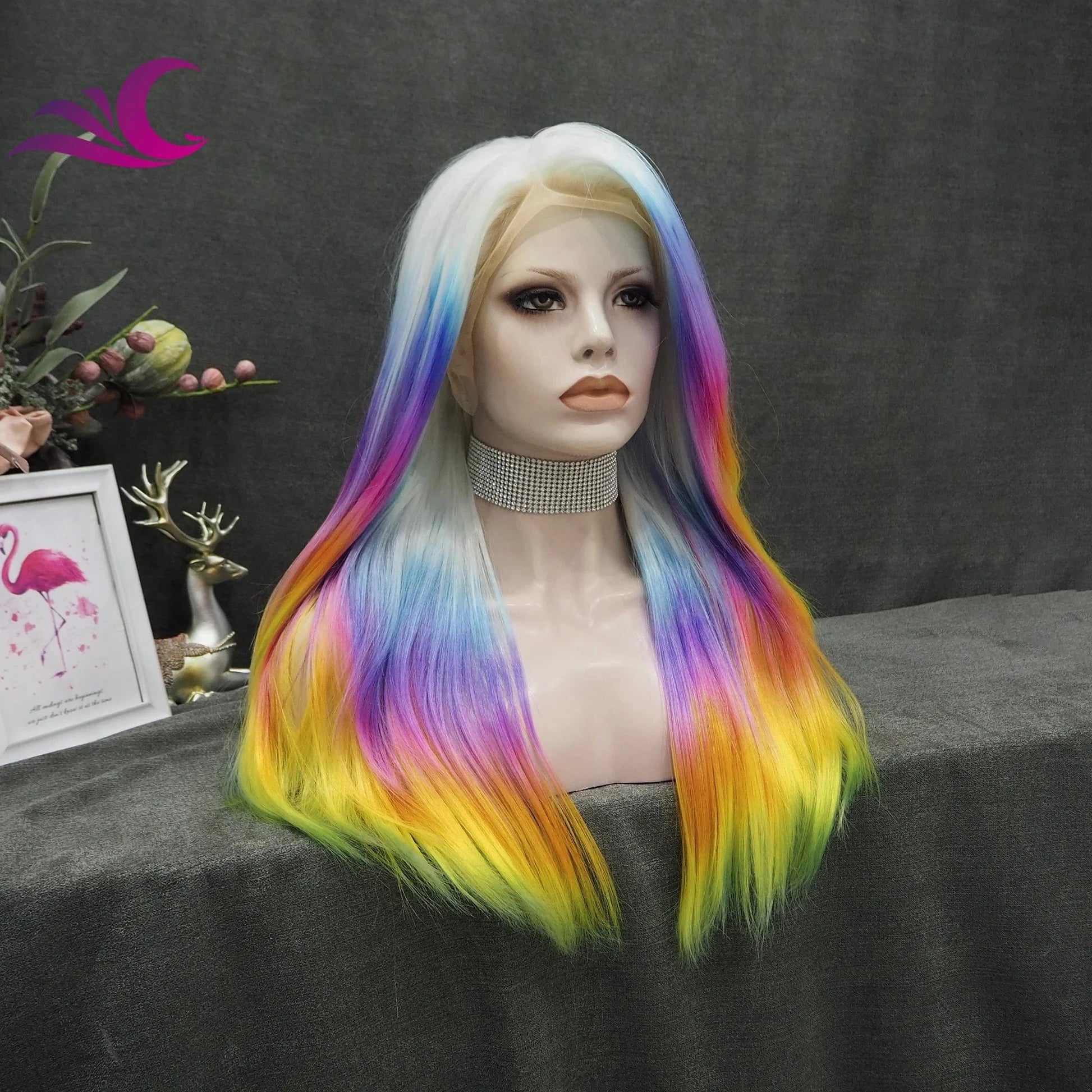 Celebrity Premium Rainbow Color Highlight Holographic Lace Front Wigs Silky Straight Futura Heat Resistant Synthetic Hair Wigs