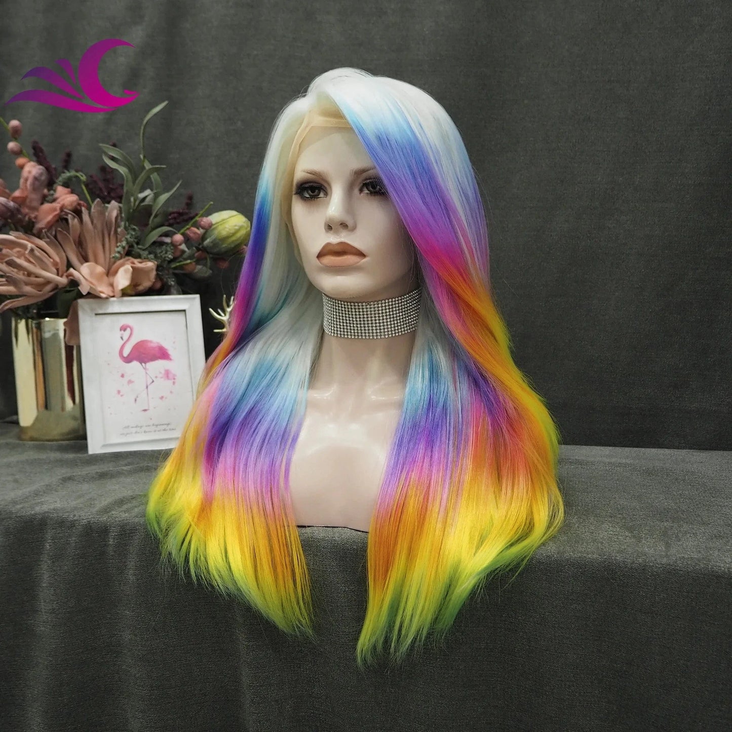 Celebrity Premium Rainbow Color Highlight Holographic Lace Front Wigs Silky Straight Futura Heat Resistant Synthetic Hair Wigs