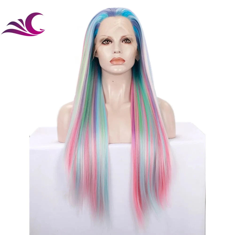 Celebrity Premium Rainbow Color Highlight Holographic Lace Front Wigs Silky Straight Futura Heat Resistant Synthetic Hair Wigs