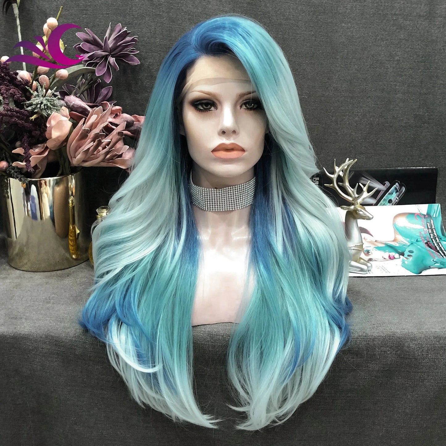 Celebrity Premium Rainbow Color Highlight Holographic Lace Front Wigs Silky Straight Futura Heat Resistant Synthetic Hair Wigs