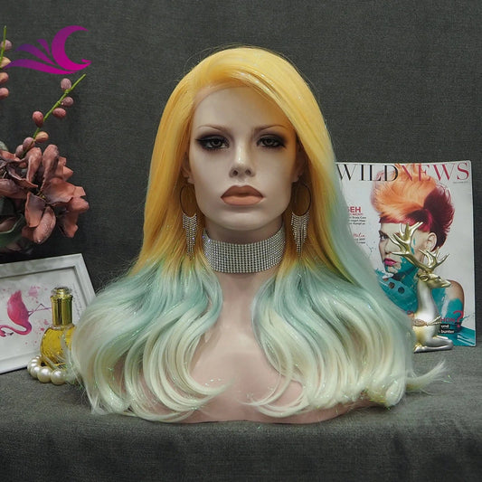 Celebrity shoulder length glitter tinsel hair wig ombre blonde green colorful synthetic hair wig for drag cosplay party