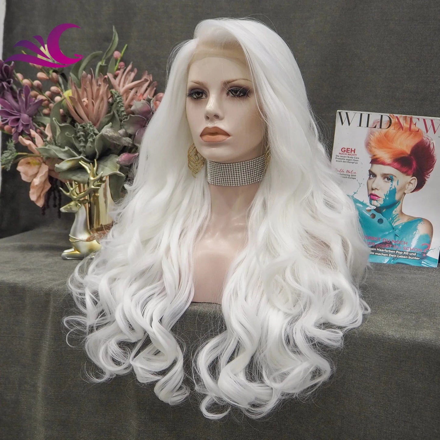 Celebrity white color drag queen cosplay 28 inch heat friendly synthetic lace front wig