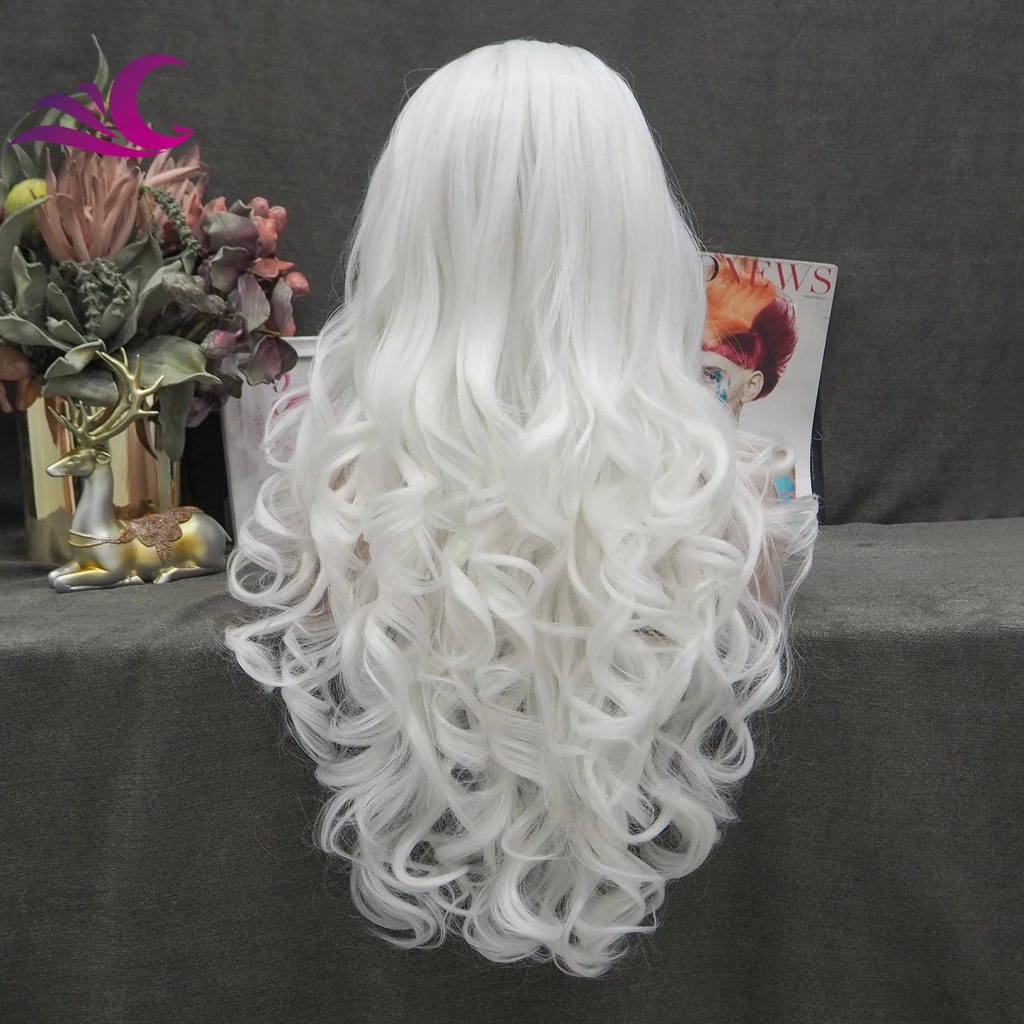 Celebrity white color drag queen cosplay 28 inch heat friendly synthetic lace front wig
