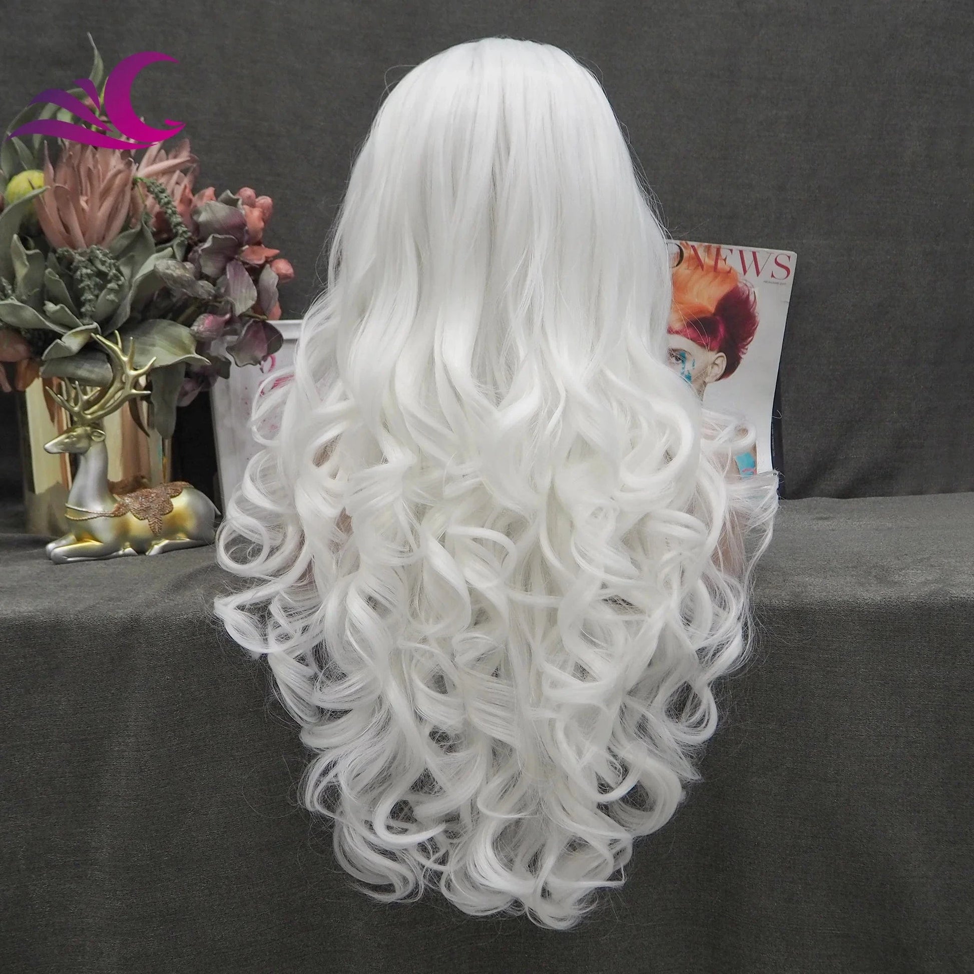 Celebrity white color drag queen cosplay 28 inch heat friendly synthetic lace front wig